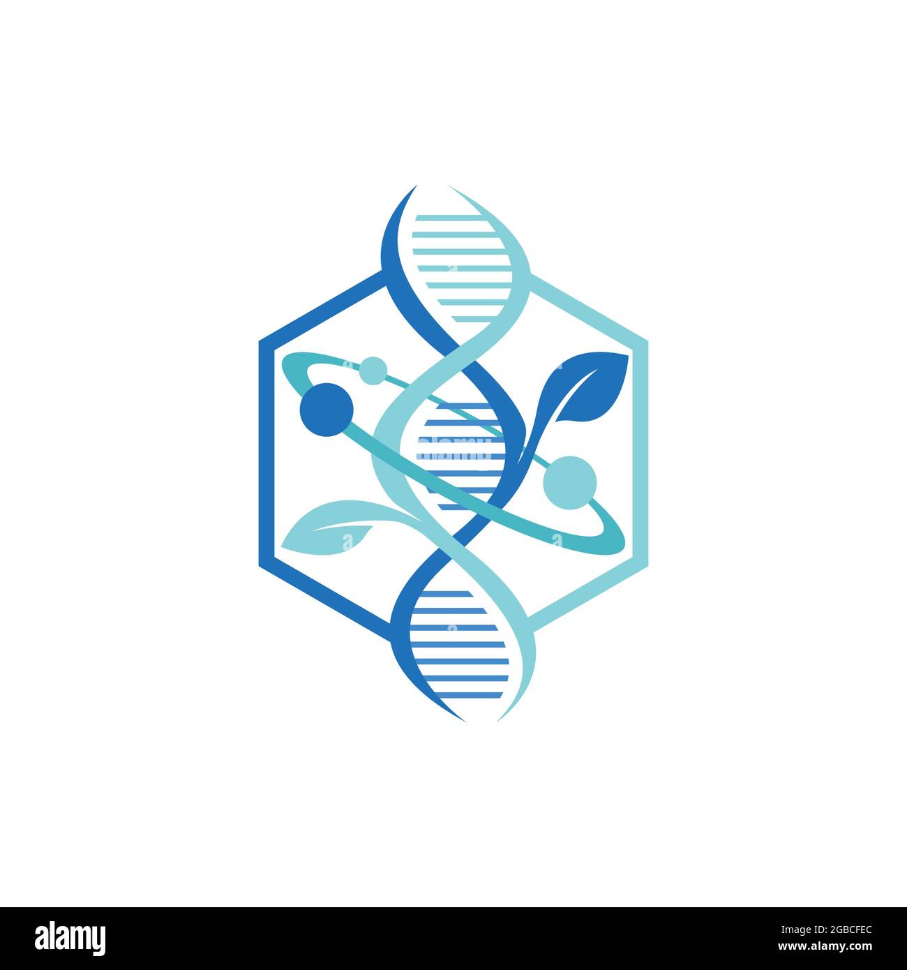 Logo della struttura molecolare dell'atomo di DNA esagonale. Chemistry DNA Molecule struttura scientifica Atom Business Brand Vector logo design Illustrazione Vettoriale