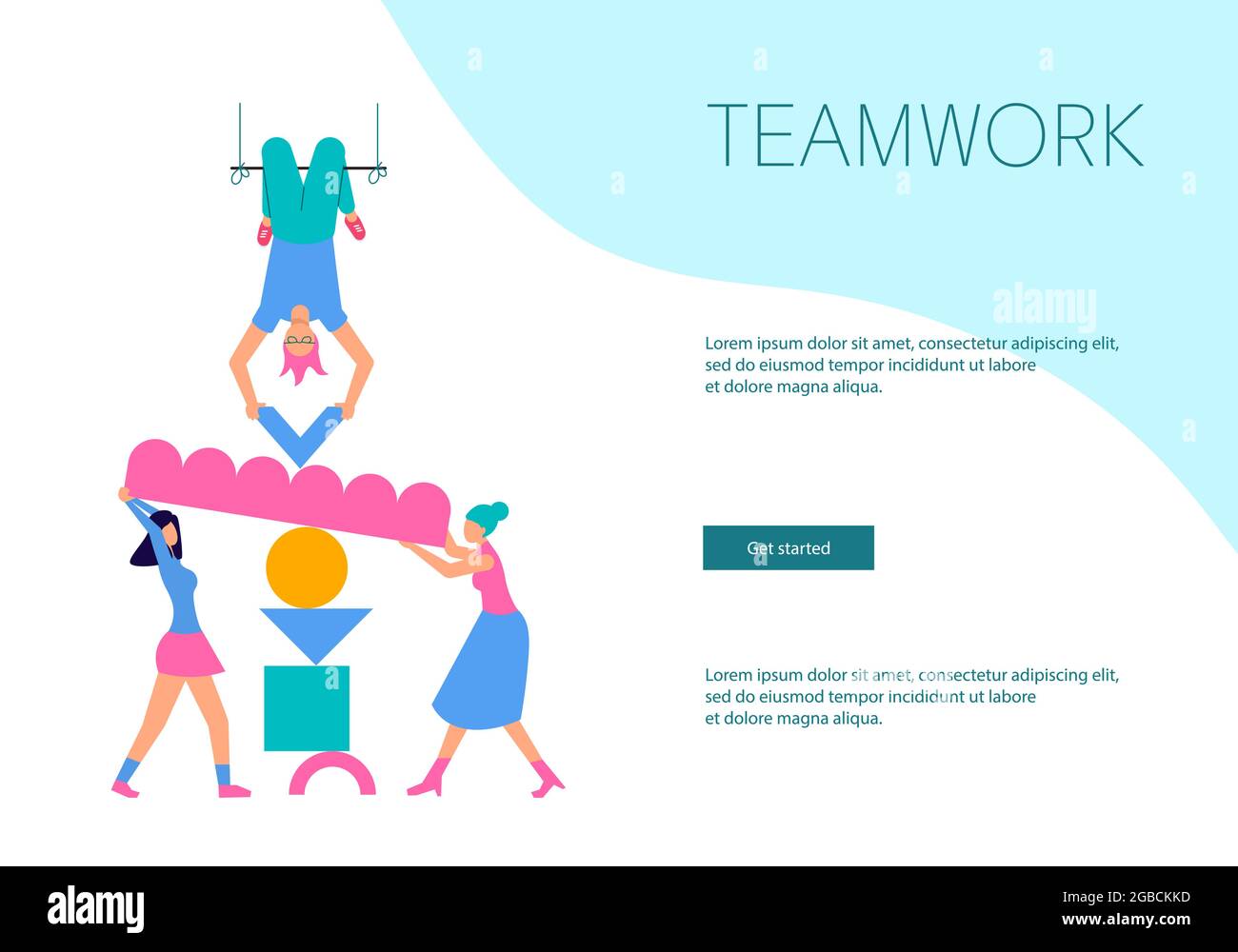 Modello della pagina Web di atterraggio di successo del team di business che costruisce la piramide. Persone con puzzle pezzi risolvere problema, partnership, busin innovativo Illustrazione Vettoriale