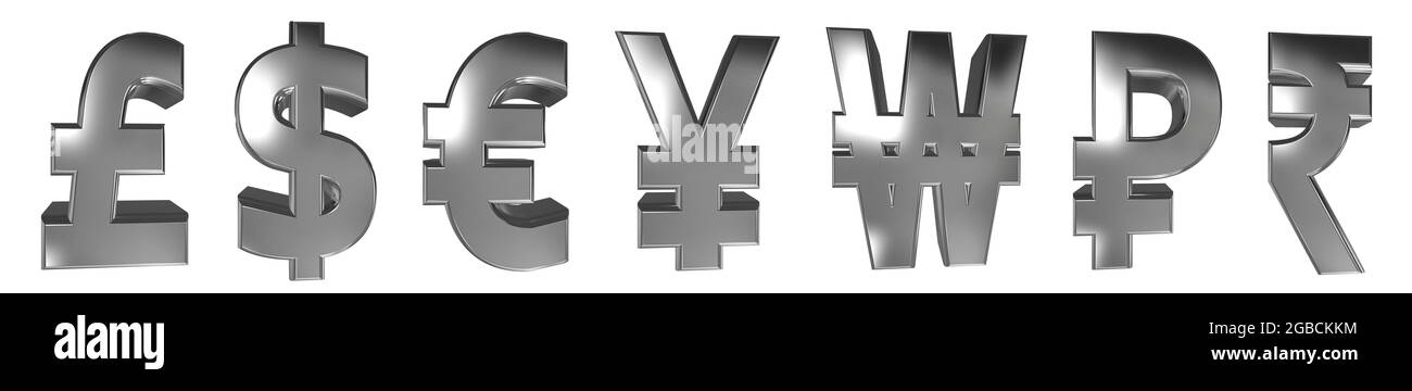 Grande taglia set di alta risoluzione argento metallico 3D dollari libbra euro yen rublo vinto rupie simboli di valuta su sfondo bianco Foto Stock