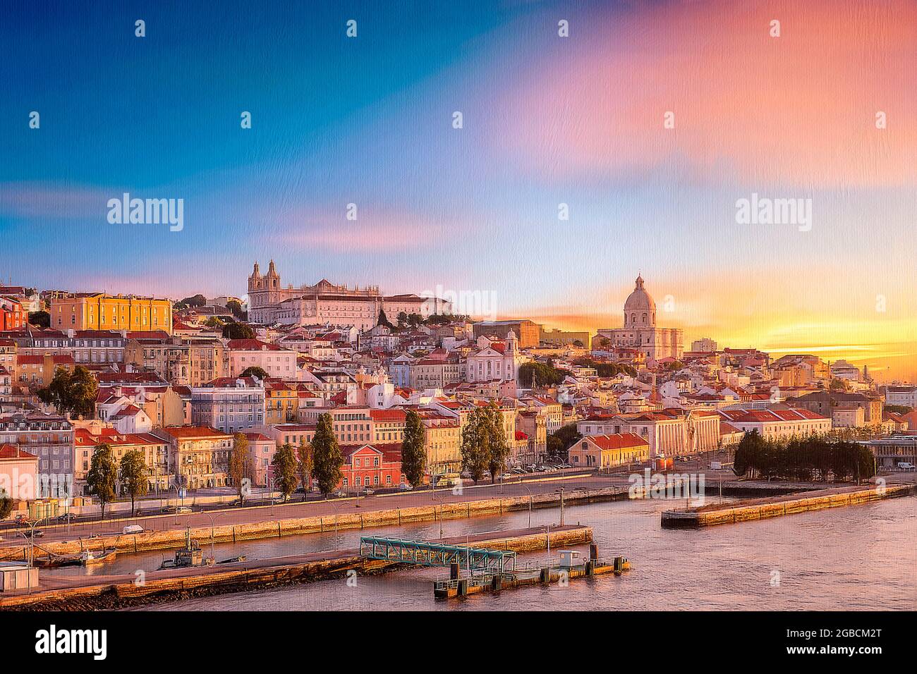 Skyline di Lisbona Portogallo al tramonto. Mostra la cattedrale e il percorso nazionale. Ha una finitura verniciata e testurizzata. Foto Stock