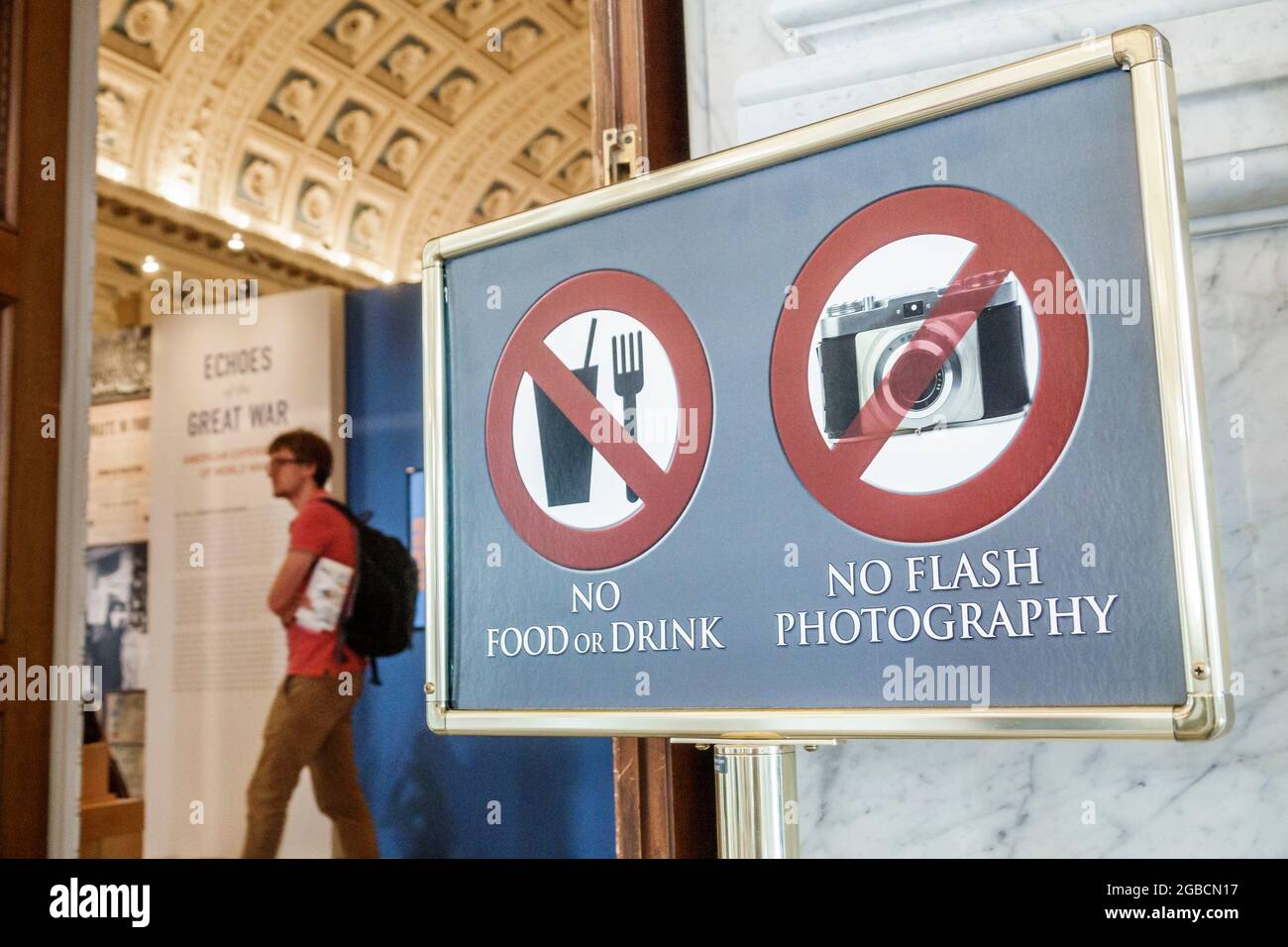 Washington DC, Library of Congress Thomas Jefferson Memorial Building, sign rules no food drink flash fotografia interno, Foto Stock