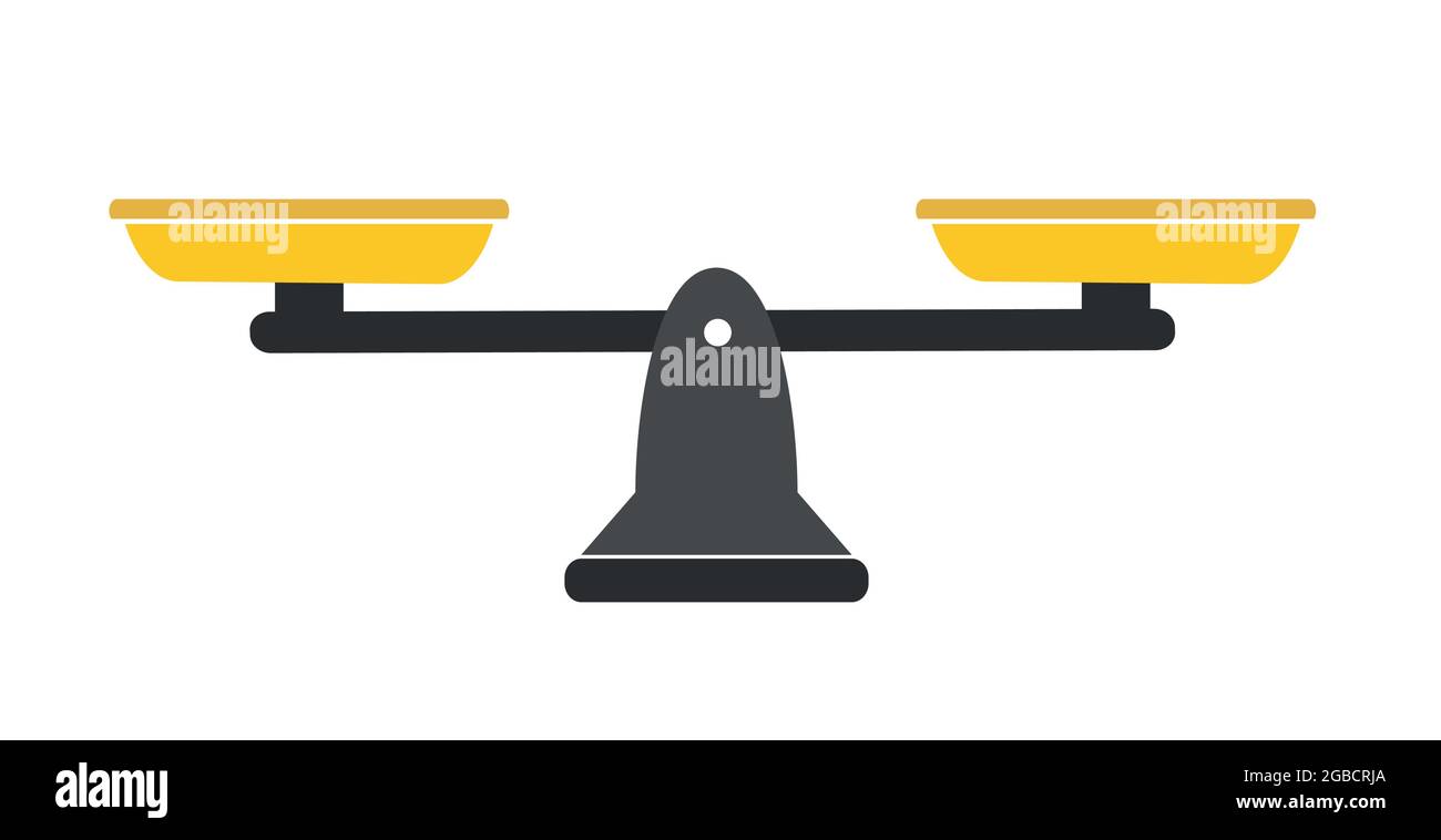 Bilancia in equilibrio e squilibrio. Icona della Bilancia piatta con ciotole dorate in posizione uguale. Illustrazione Vettoriale