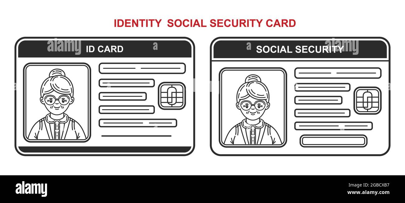 Identificazione ID insieme di icone della carta di previdenza sociale. Persona di ritiro identità. Documento con dati personali. Nonna. Vettore di pagamento di previdenza Illustrazione Vettoriale