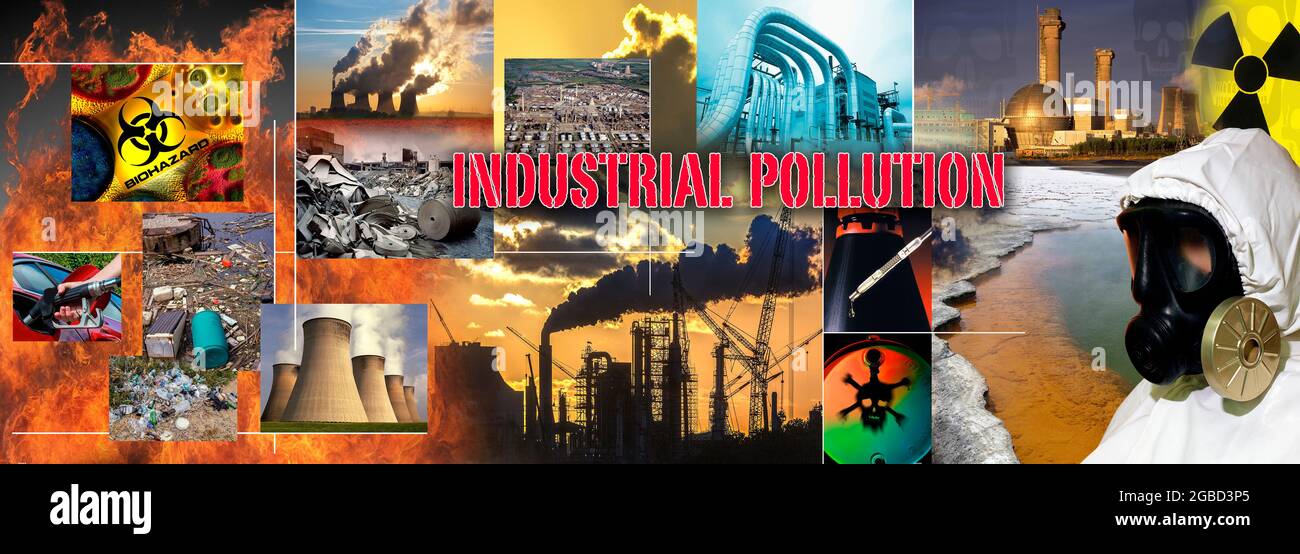 Le forme principali di inquinamento comprendono inquinamento atmosferico, rifiuti, inquinamento acustico, materie plastiche, contaminazione del suolo, residui radioattivi e inquinamento idrico. Foto Stock