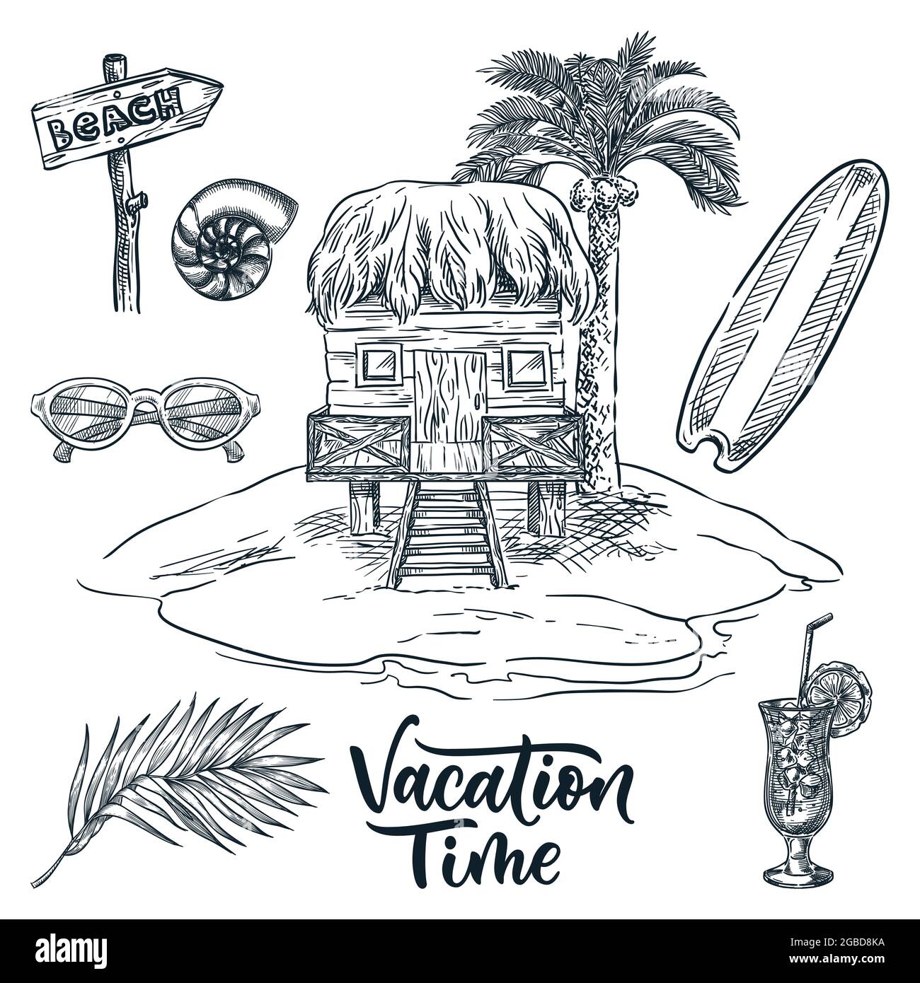 Bungalow di legno sotto la palma su isola tropicale, vettore disegno a mano illustrazione del paesaggio. Elementi di design per le vacanze estive. Tavola da surf, palma Illustrazione Vettoriale