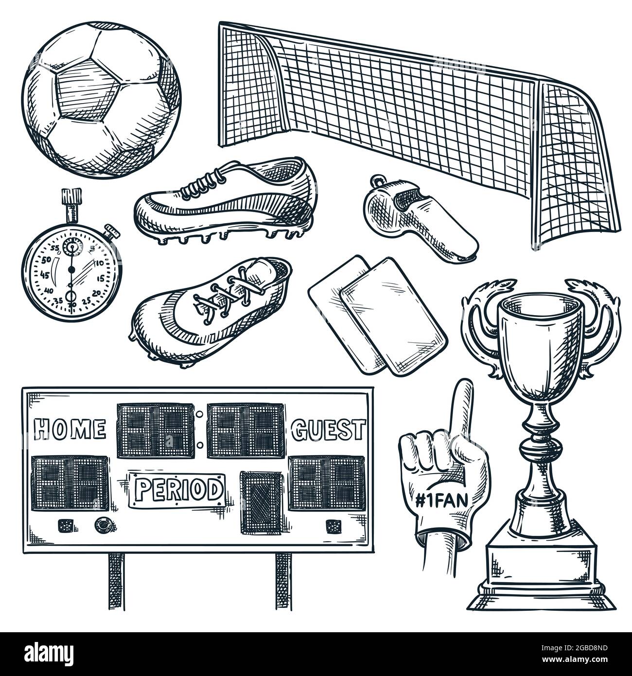 Attrezzature sportive da calcio. Illustrazione dello schizzo disegnata a mano dal vettore. Pallina da calcio, tabellone, gol e coppe trofei, isolate su sfondo bianco Illustrazione Vettoriale