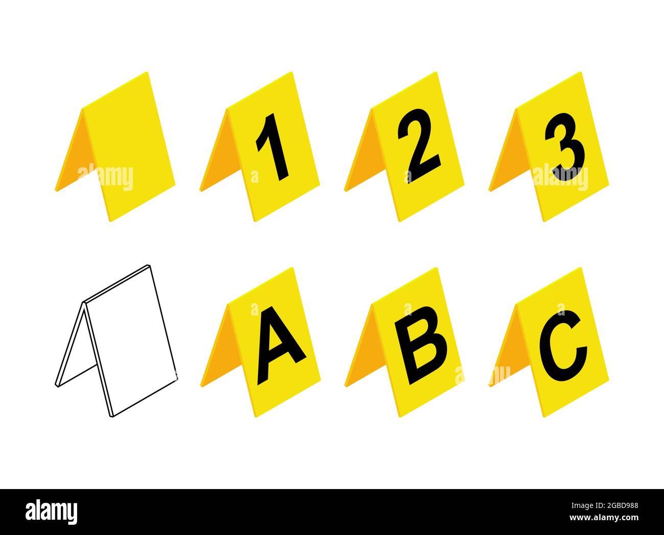 Design dei marcatori di scena del crimine. Set di icone di etichetta investigativa gialla in plastica con lettere A, B, C e numero 1,2,3. Contiene anche un simbolo vuoto o vuoto. Ve Illustrazione Vettoriale