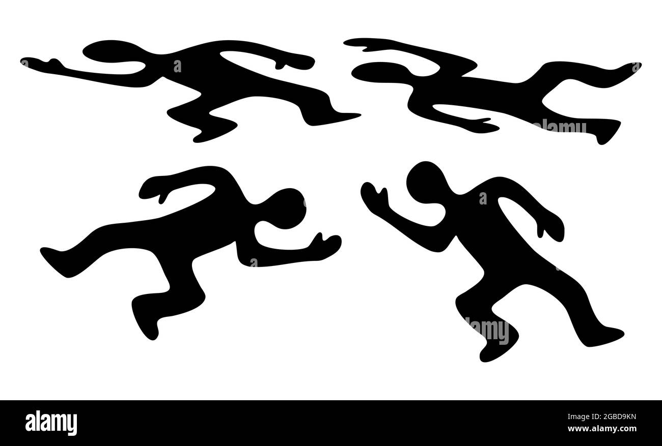 Set di icone del corpo della vittima. Silhouette nera di uomo morto. Simbolo vettoriale del cadavere isolato su sfondo bianco. Illustrazione Vettoriale