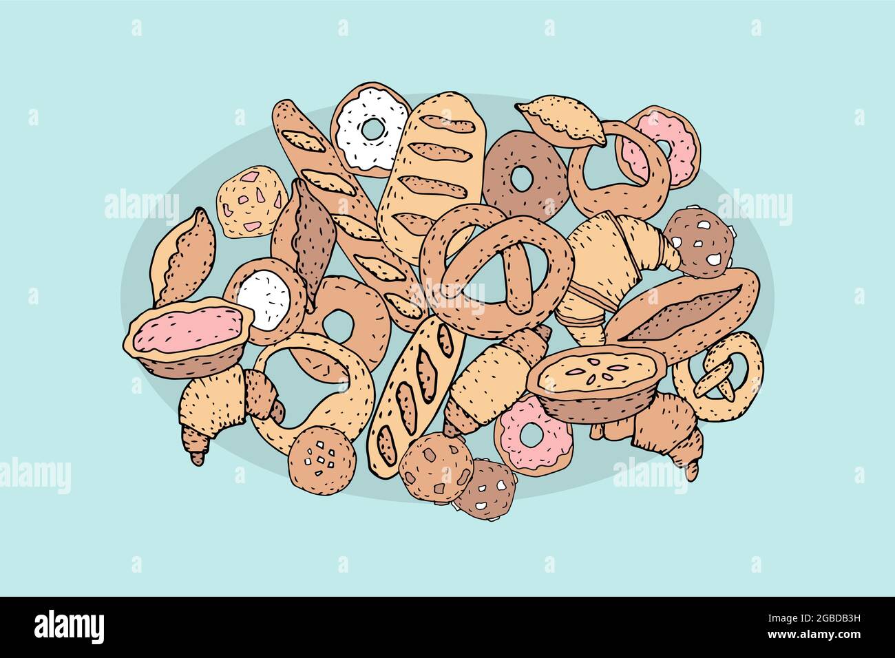 Set di disegno a mano per pane da forno. Buns baguette croissant biscotti ciambelle vintage sketch line illustrazione vettoriale. Poster del menu del ristorante Cafe Illustrazione Vettoriale