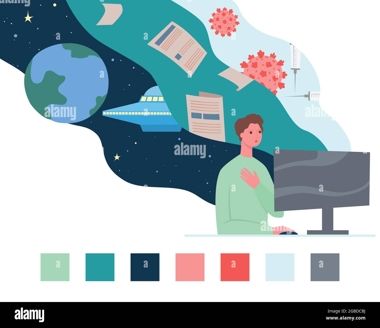 Falso concetto di notizie sfondo piatto, vettore cartoon. Hoax informazioni sociali Illustrazione Vettoriale