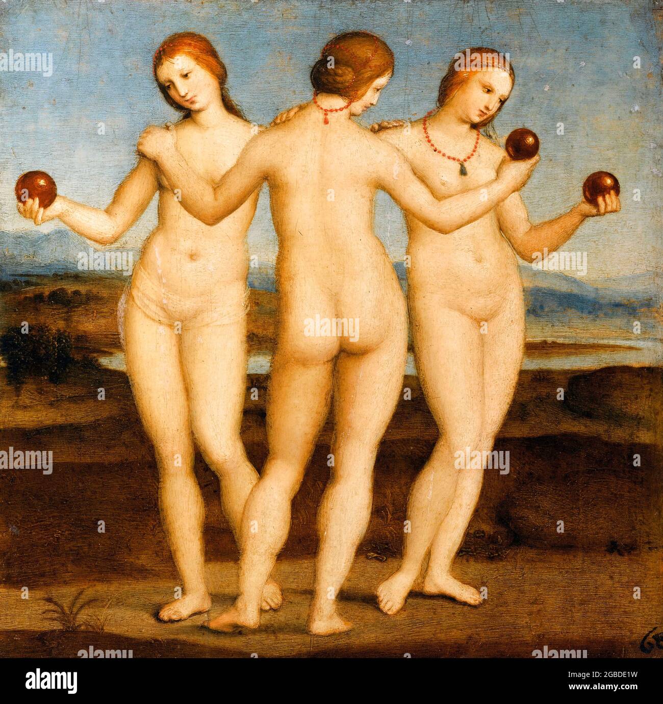 Le tre grazie di Raffaello (Raffaello Sanzio da Urbino: 1483-1520), pittura, olio su legno c. 1504/5 Foto Stock