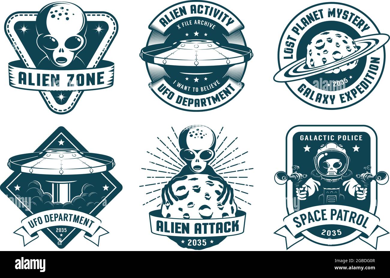 Badge spazio retrò con alieno e UFO Illustrazione Vettoriale