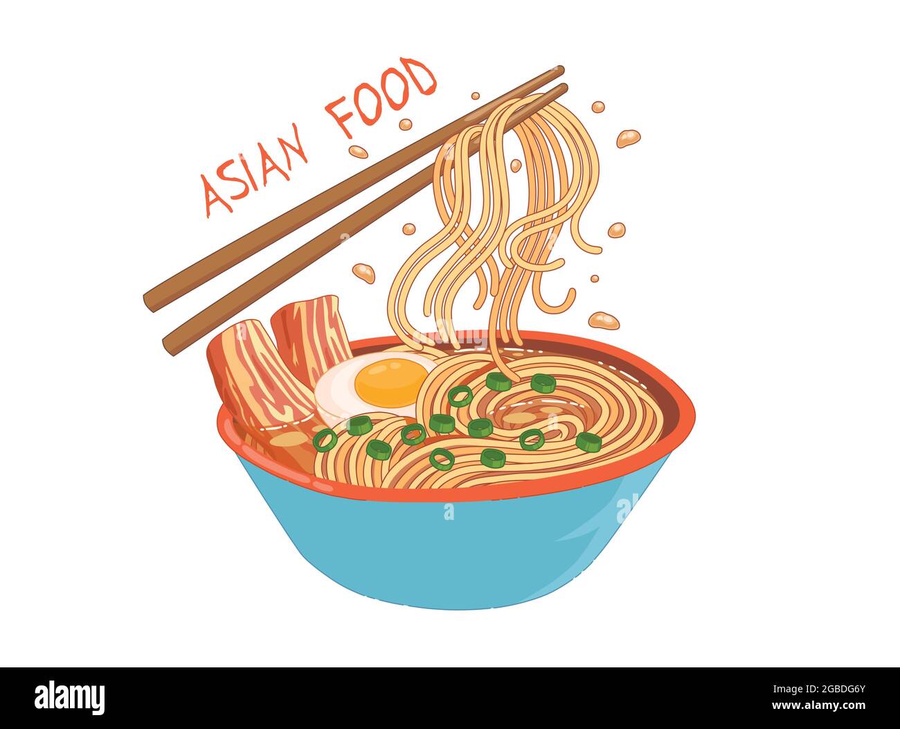 Ramen asian food concept fondo piatto, vettore cartoon. Zuppa cinese ciotola Illustrazione Vettoriale