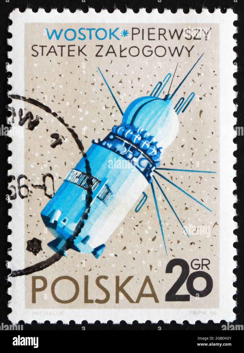 POLONIA - CIRCA 1966: Un francobollo stampato in Polonia mostra Vostok, URSS Spacecraft, il primo volo spaziale umano nella storia, circa 1966 Foto Stock