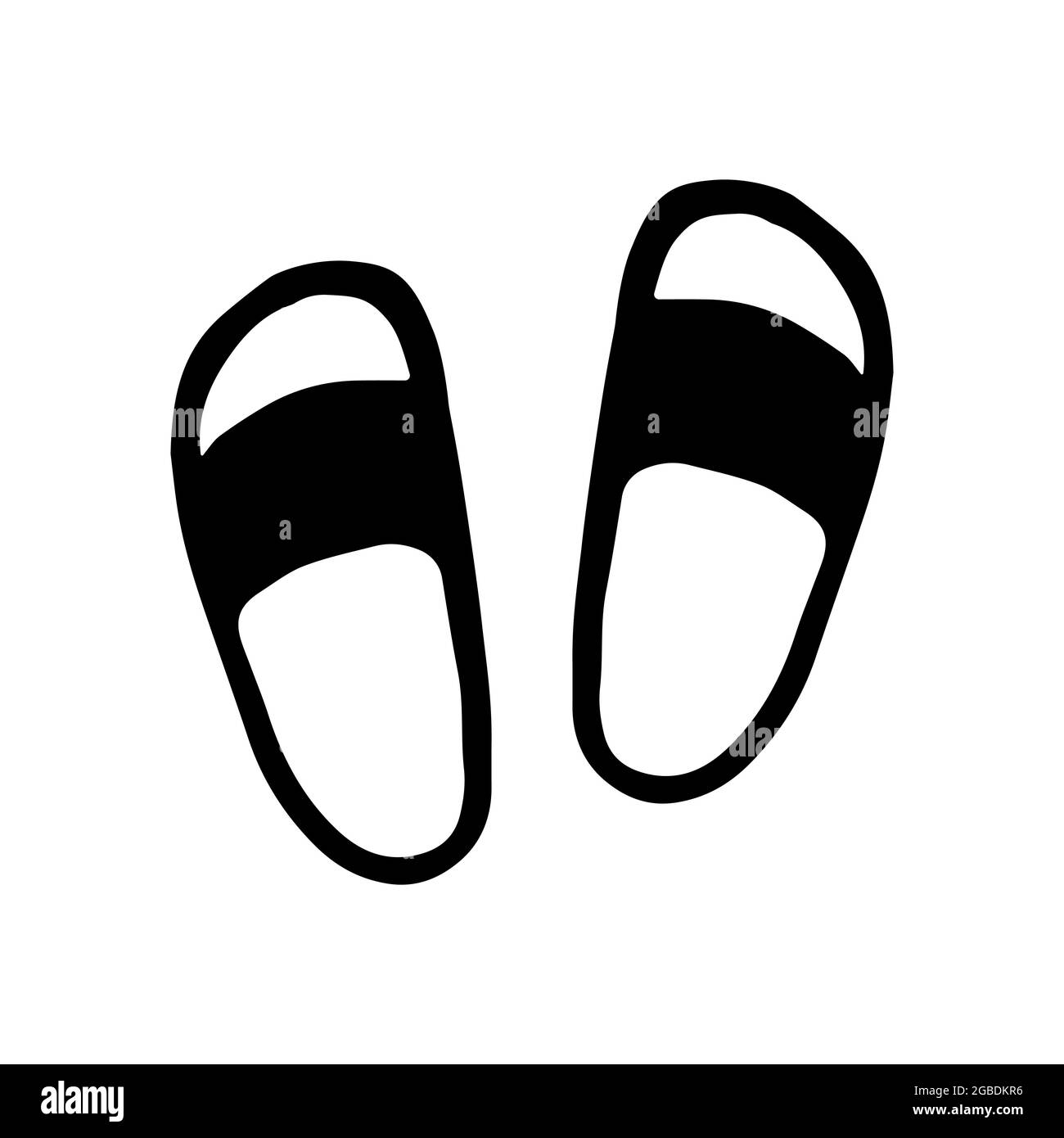 Icona vettoriale flip-flop in stile doodle. Ciabatte nere isolate su sfondo bianco. Calzature per l'estate. Illustrazione Vettoriale