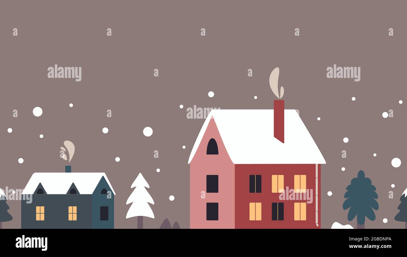 Carino confine invernale senza giunture con case di Natale, alberi di pelliccia, spruces e neve. Texture per biglietti d'auguri decorazione per il nuovo anno, siti web, vetrine Illustrazione Vettoriale