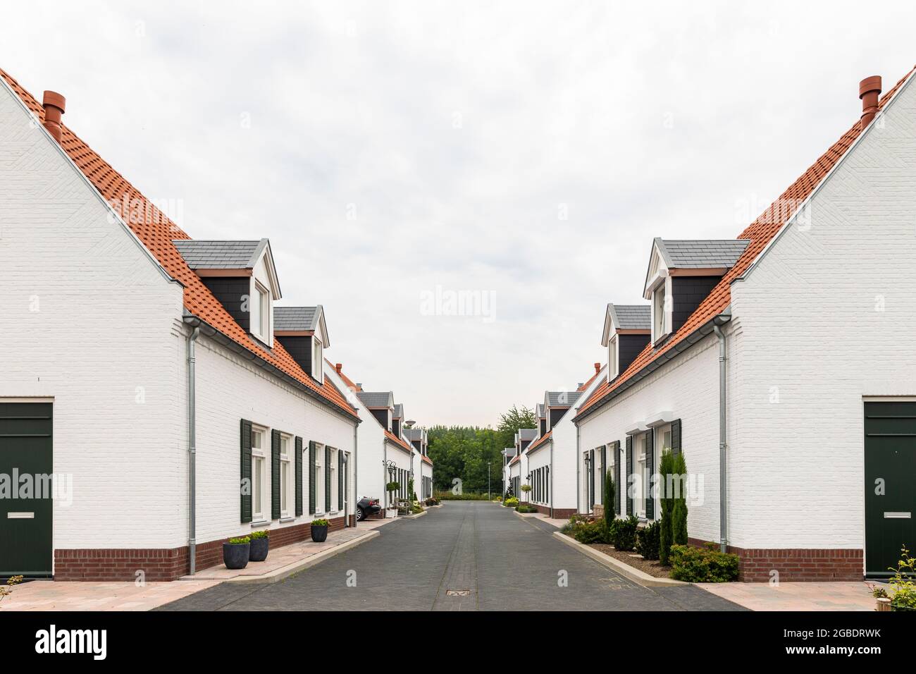 Case moderne bianche con tetto arancione a Thorn, Limburgo, Paesi Bassi, un villaggio noto per le sue case ed edifici bianchi. Strada simmetrica con Foto Stock