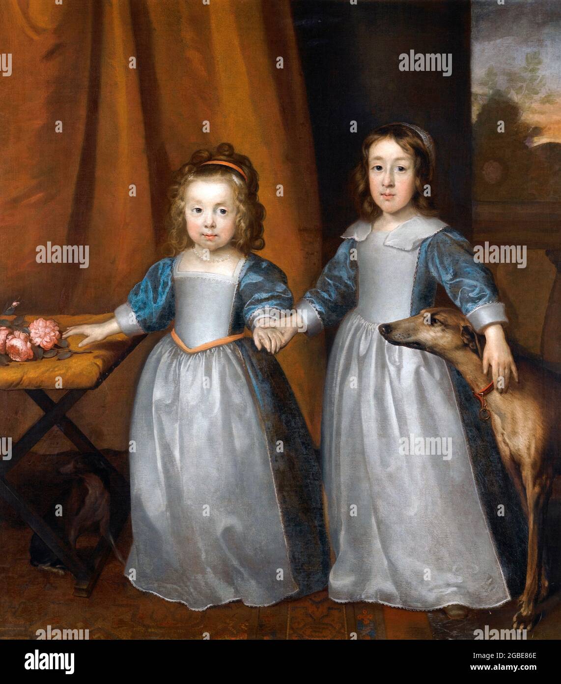 Ritratto di due giovani ragazze su una terrazza con due Hounds di Cornelius Johnson, 1648 Foto Stock