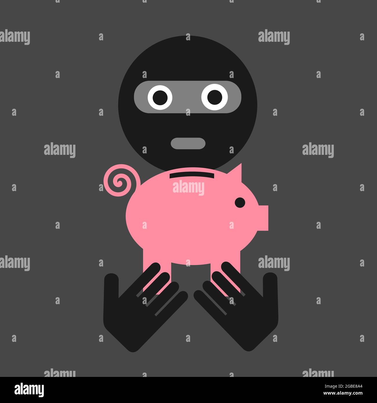 Ladro, ladro e scasso sta derubando la banca del piggy, la banca del penny e la scatola di soldi. Criminalità finanziaria e criminalità. Illustrazione vettoriale. Foto Stock