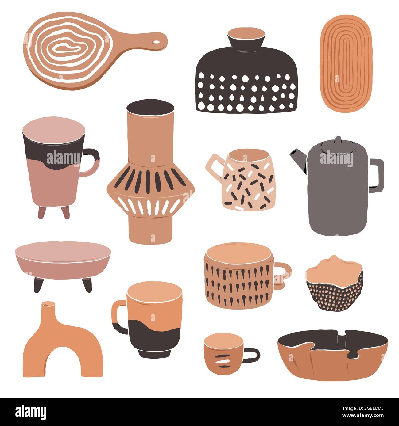 Vari vasi in ceramica moderna, ciotola e tazze in argilla, collezione di ceramiche moderne, disegno artigianale astratto, illustrazione vettoriale piatta set isolato su bianco Illustrazione Vettoriale