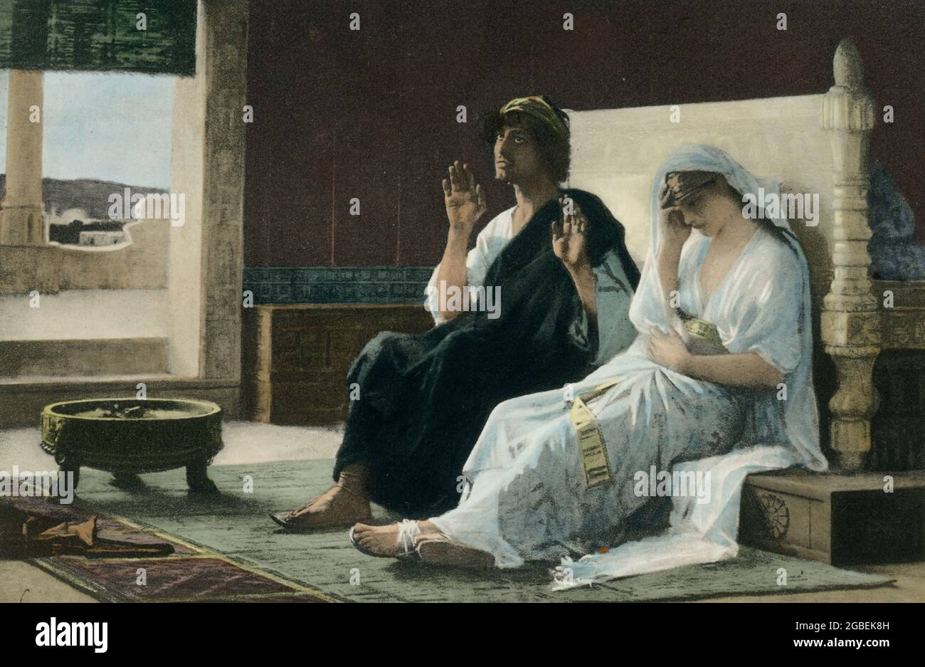 La didascalia di questa immagine del 1903 recita: "Preghiera ad Iside dipinta da Alexander Cabanel". È apparso nel libro Storia dell'Egitto dall'egittologo francese Gaston Maspero. Alexander (Alexandre) Cabanel è stato un pittore francese che morì nel 1889. Foto Stock