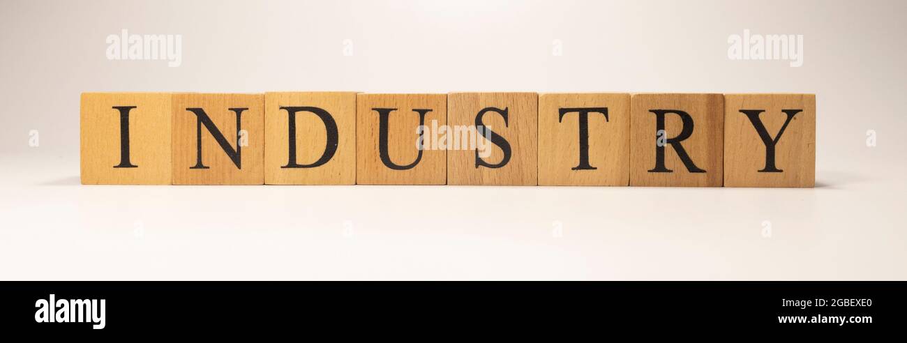 Il nome industria è stato creato da cubi di legno lettera. Economia e industria. Primo piano. Foto Stock