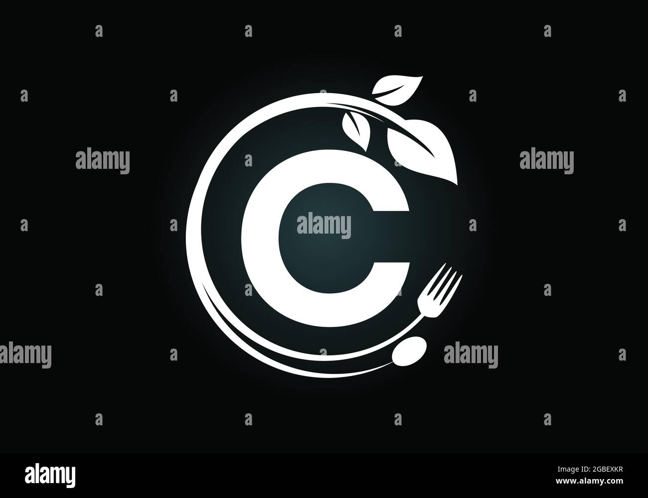Alfabeto monogramma C iniziale con forchetta, cucchiaio e foglia. Logo sano, naturale, alimentare. Logo vettoriale moderno per caffè, ristorante, attività di cucina Illustrazione Vettoriale