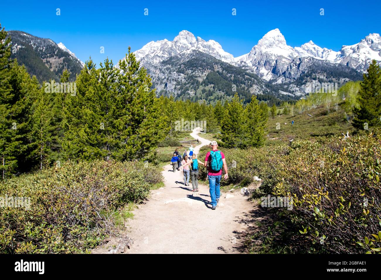 Grand Teton National Park, Jackson Hole, Wyoming, Stati Uniti, maggio 31, 2021, Gruppo di escursionisti sul sentiero dal Lago di Taggart, orizzontale Foto Stock