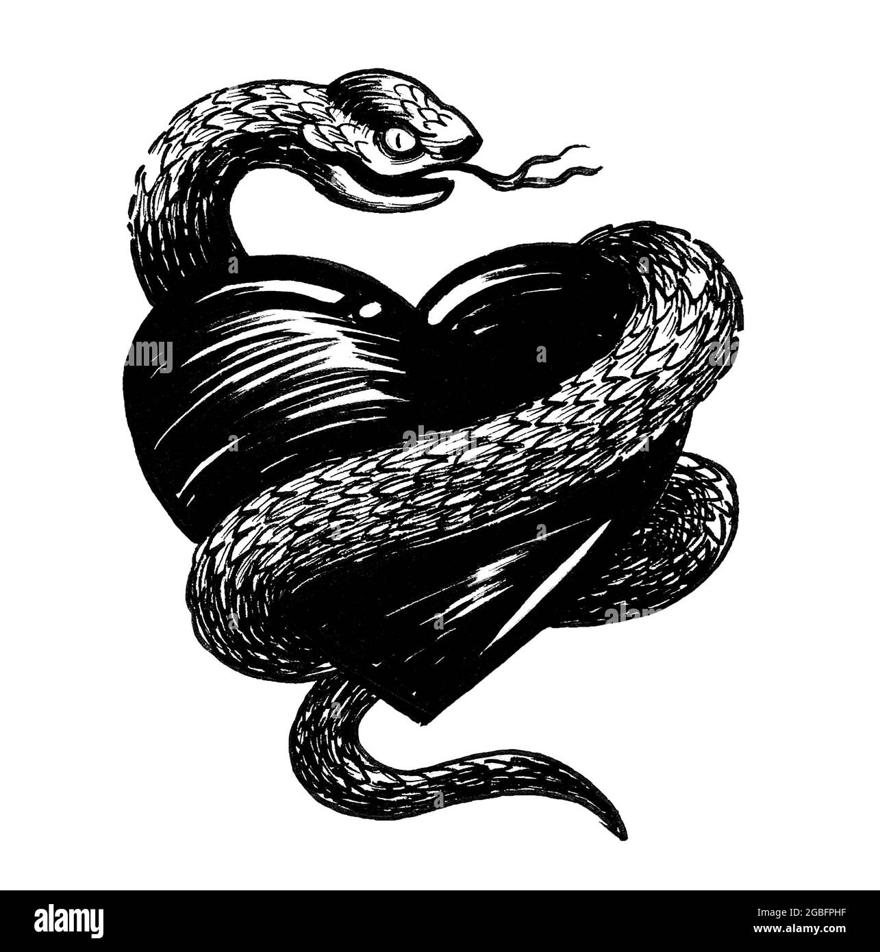 Cuore umano e serpente velenoso. Disegno in bianco e nero con inchiostro Foto Stock