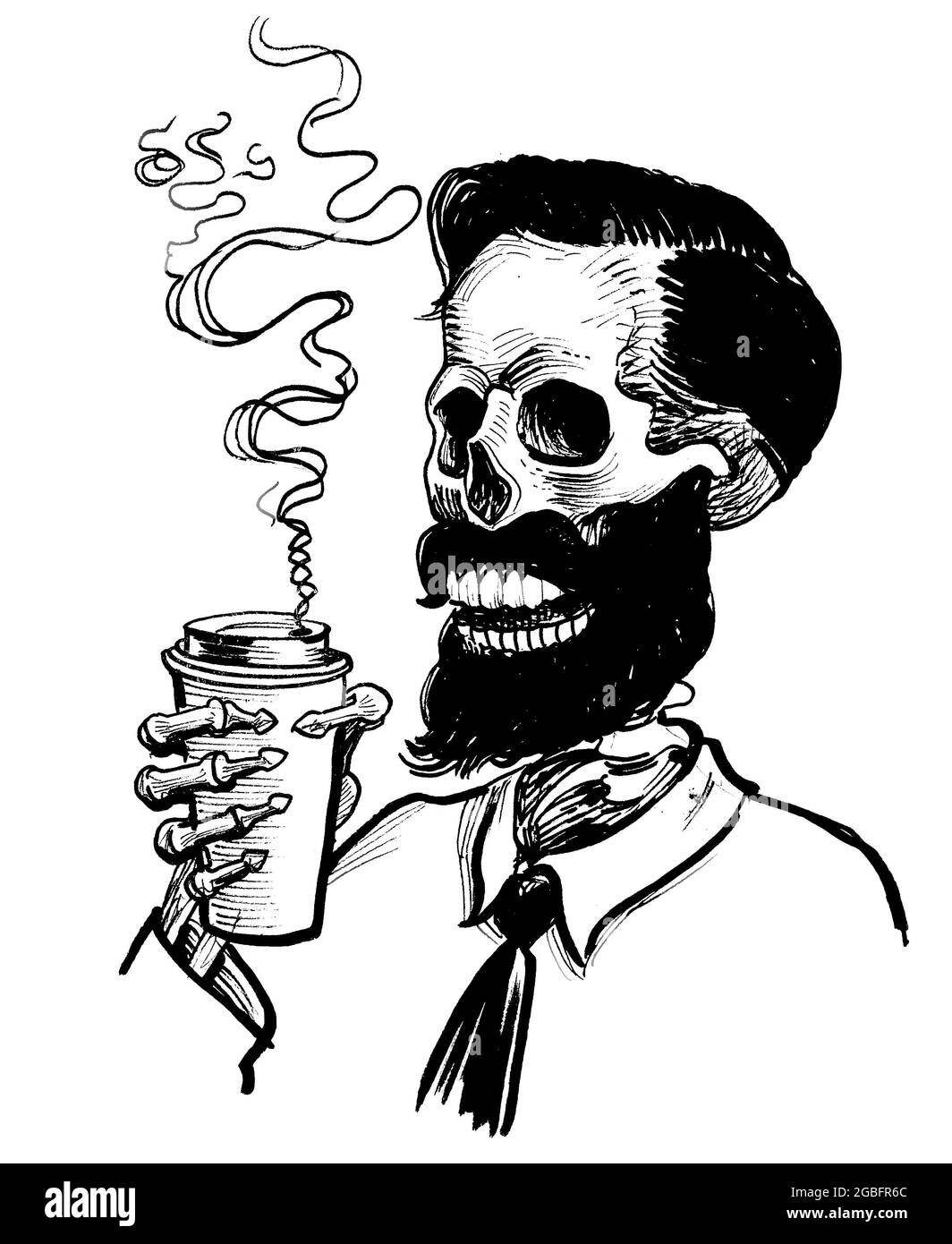 Scheletro umano bearded che beve una tazza di caffè. Disegno in bianco e nero con inchiostro Foto Stock