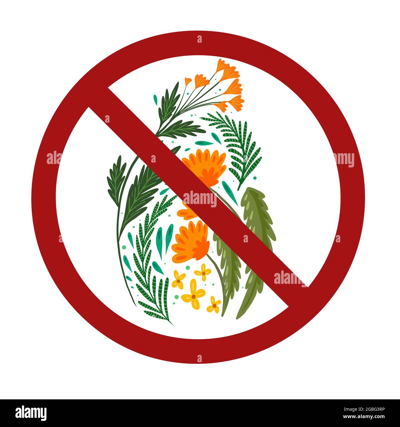 Erbe selvatiche e fiori nel segno di divieto. Pericolo di piante velenose. È vietato raccogliere fiori. Immagine piatta disegnata a mano del vettore di erba in Illustrazione Vettoriale