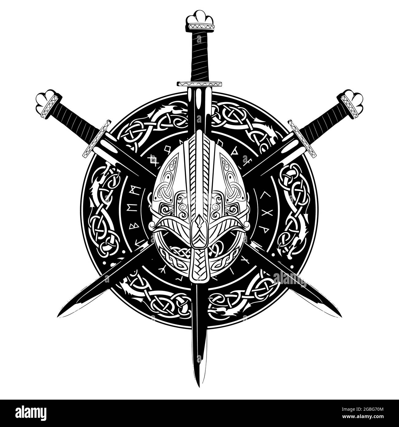 Casco vichingo, ha attraversato la spada vichinga e in una corona di modello scandinavo e scudo vichingo Illustrazione Vettoriale