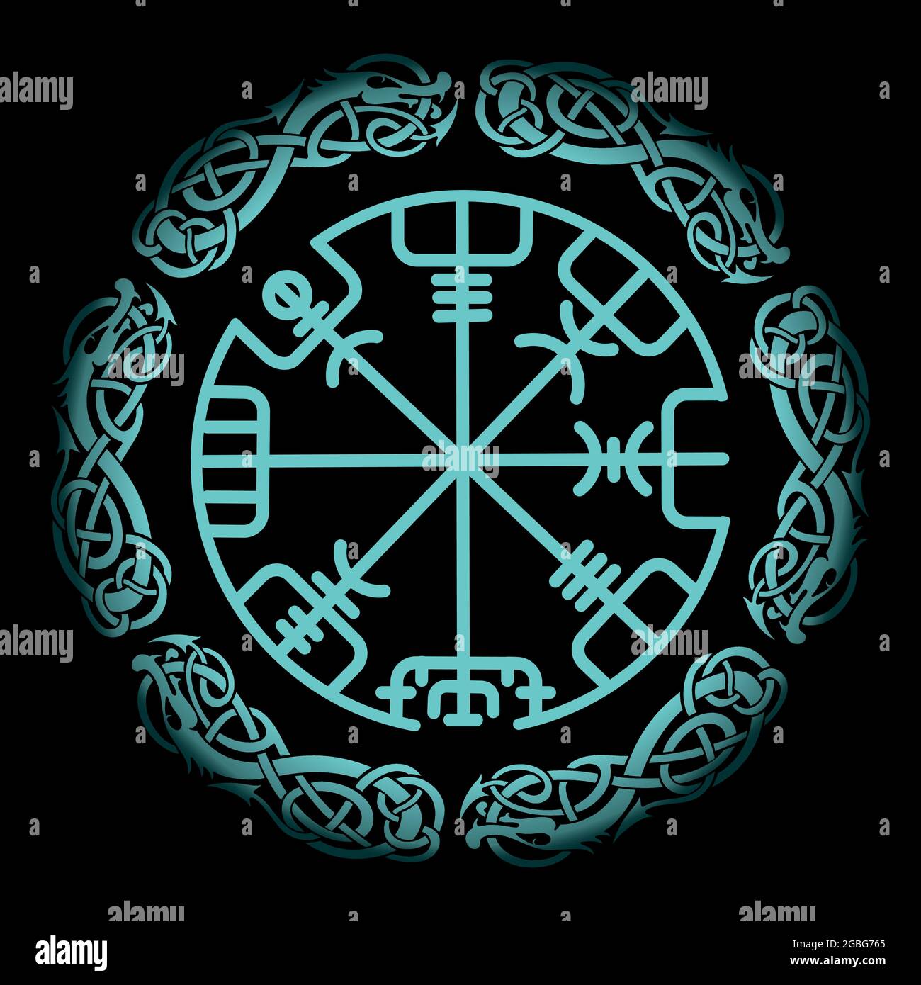 Vegvisir, la bussola di navigazione magica degli antichi vichinghi islandesi con ornamento scandinavo Illustrazione Vettoriale