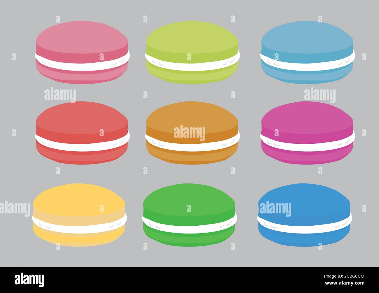 Un set di nove macaron in diversi colori. Illustrazione vettoriale. Illustrazione Vettoriale
