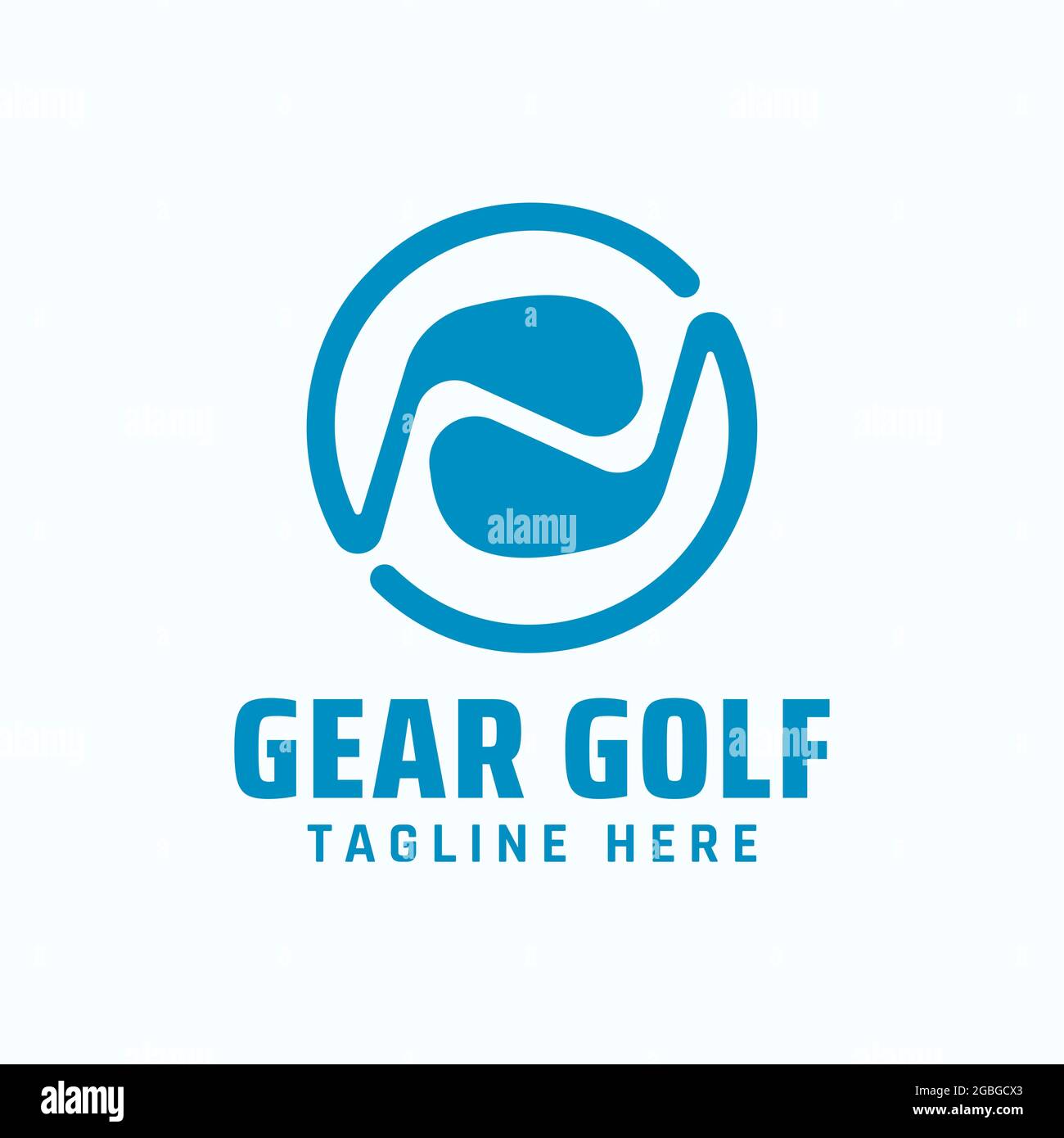 Logo Gear golf con forma circolare blu bastone golf isolato su sfondo bianco. Modello di disegno vettoriale adatto per l'azienda sportiva di formazione, gol Illustrazione Vettoriale