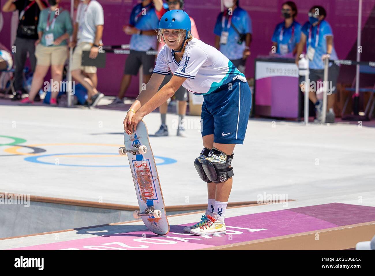 T'qual, TO - 04.08.2021: TOKYO 2020 OLYMPIAD TOKYO - lo skateboarder americano, Bryce Wettstein durante lo skate (Park mod) ai Giochi Olimpici di Tokyo 2020 che si sono tenuti nel 2021, il gioco si è tenuto al Parco Sportivo Urbano Ariake (Photo: Richard Callis/Fotoarena) Foto Stock