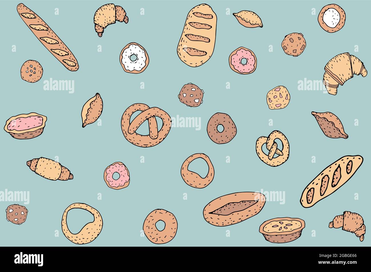 Modello di disegno a mano del pane da forno. Buns baguette croissant biscotti ciambelle vintage sketch line illustrazione vettoriale. Poster del menu del ristorante Cafe. Illustrazione Vettoriale
