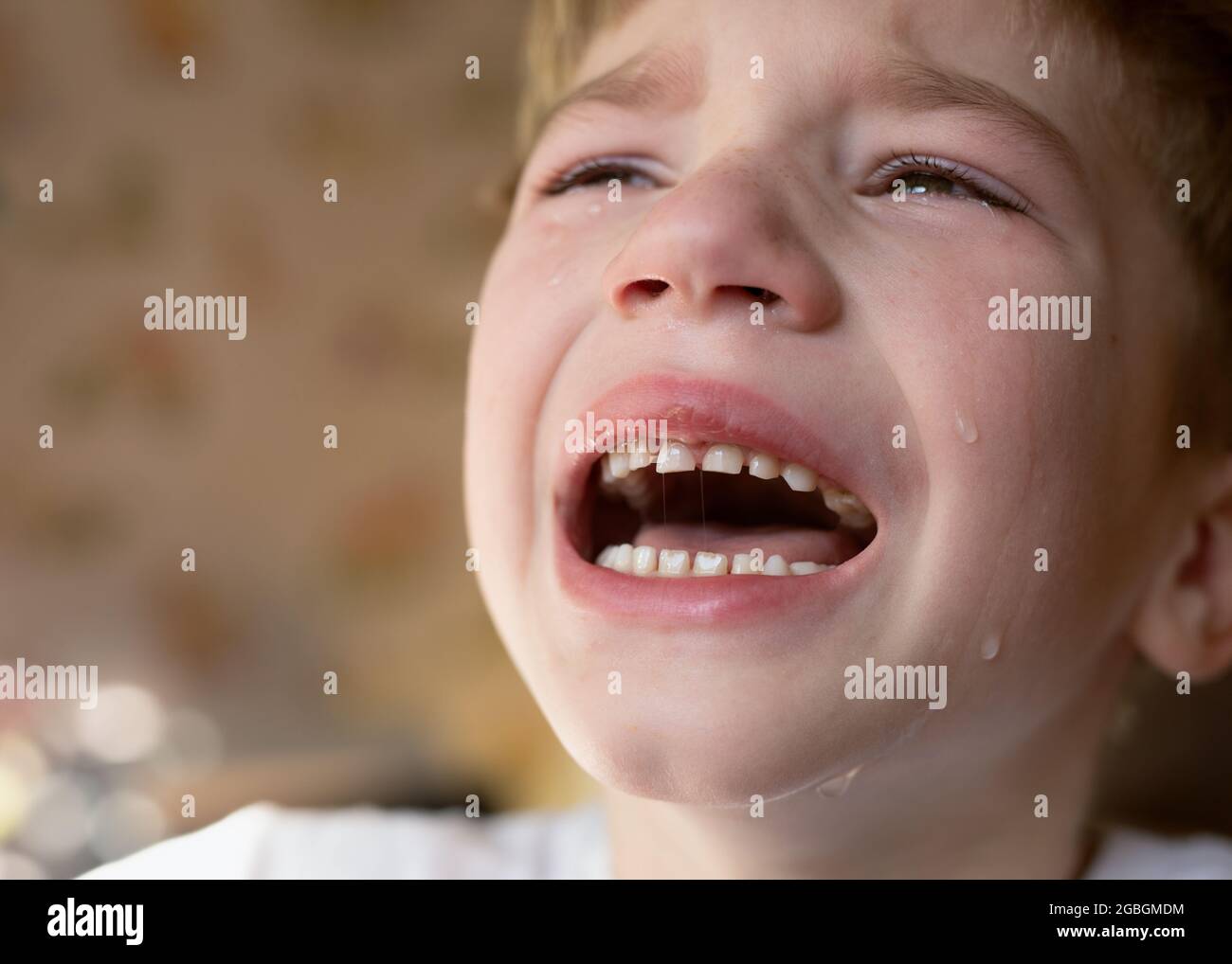 Faccia del ragazzo che piange da vicino. Occhi, ciglia, sopracciglia, labbra, denti e lacrime. Emozioni e grimaces del bambino sconvolto Foto Stock