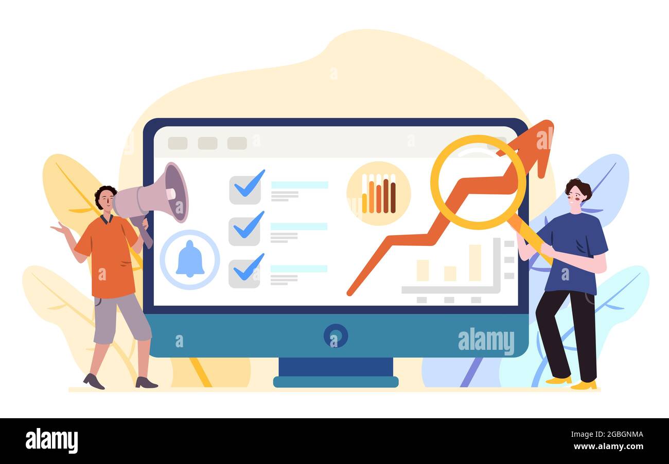 manager utilizzo di soundmaker per presentare con il loro computer blu sono completate le icone della tabella elenco attività e la grafica dei dati Illustrazione Vettoriale