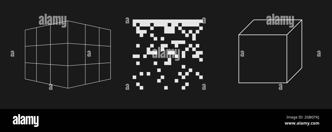 Set di cubo a griglia retrofuturistico, motivo di pixel e cubo geometrico. Collezione di forme rettangolari in stile cyberpunk 80s. Design Cyber retrospettiva Illustrazione Vettoriale