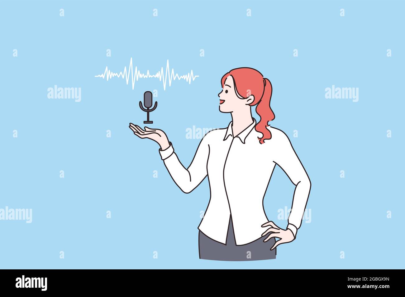 Assistente vocale, concetto di riconoscimento degli altoparlanti. Personaggio fumetto donna sorridente che mostra la voce controllata smart speaker attivato assistenti digitali illustrazione vettoriale Illustrazione Vettoriale