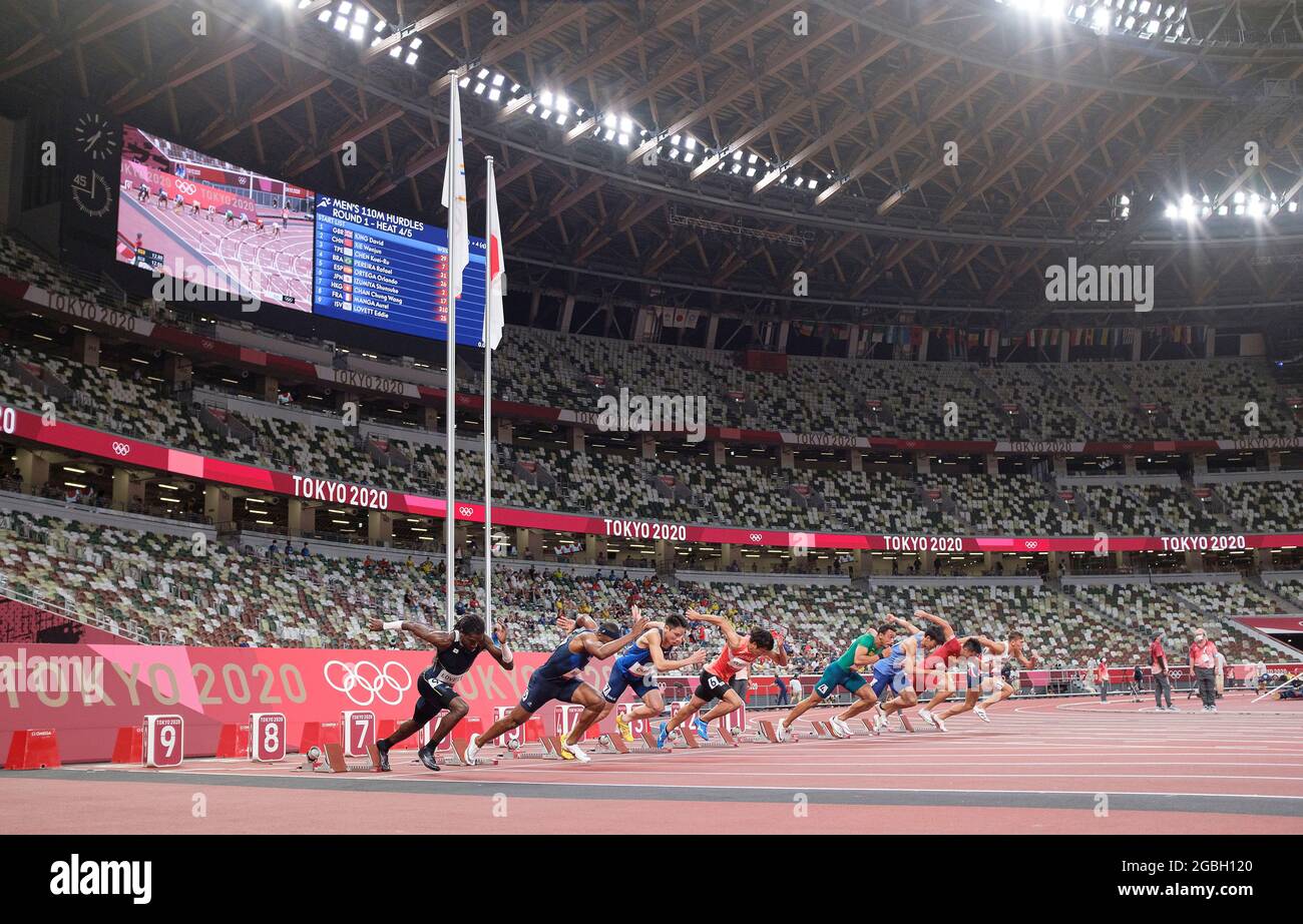 Inizio degli uomini 110m Huerdenlauf, azione, azione, atletica 110m uomini Huerden, uomini 110m Hurdles, il 3 agosto 2021 Olimpiadi estive 2020, dal 23 luglio. - 08.08.2021 a Tokyo/Giappone. Foto Stock