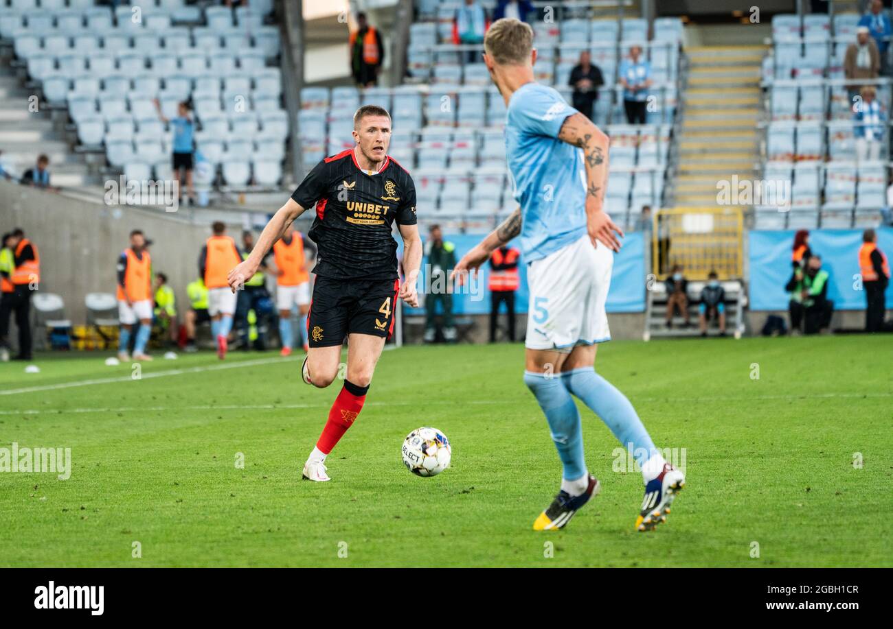 Malmo, Svezia. 3 agosto 2021. John Lundstram (4) del Rangers FC visto durante la partita di qualificazione della Champions League tra Malmö FF e il Rangers FC all'Eleda Stadion di Malmö. (Photo Credit: Gonzales Photo/Alamy Live News Foto Stock