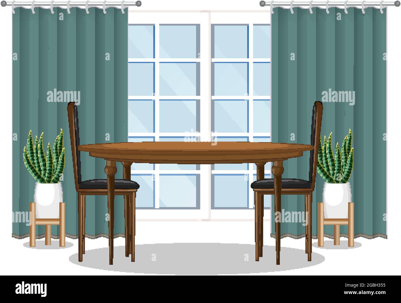 Tavolo da pranzo con finestra e tende verde illustrazione Illustrazione Vettoriale