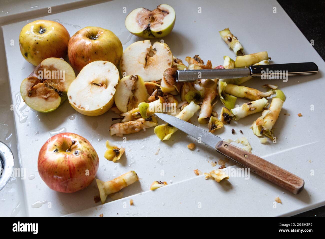 Pulizia delle mele marcio per la preparazione delle mele cotte Foto Stock