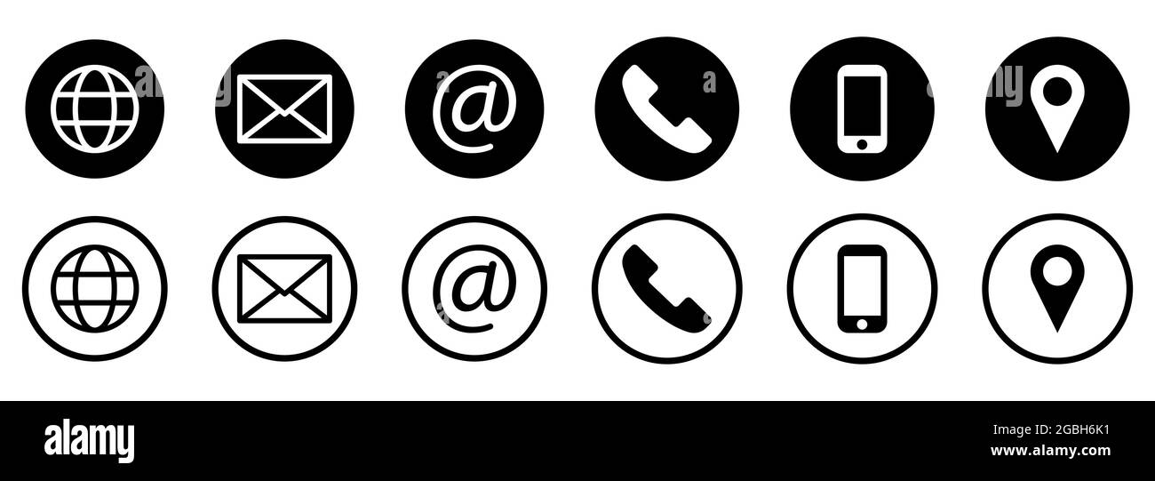 Insieme di icone di contatti. Simboli di contatto, connessione e posizione. Icona Web vettoriale Illustrazione Vettoriale