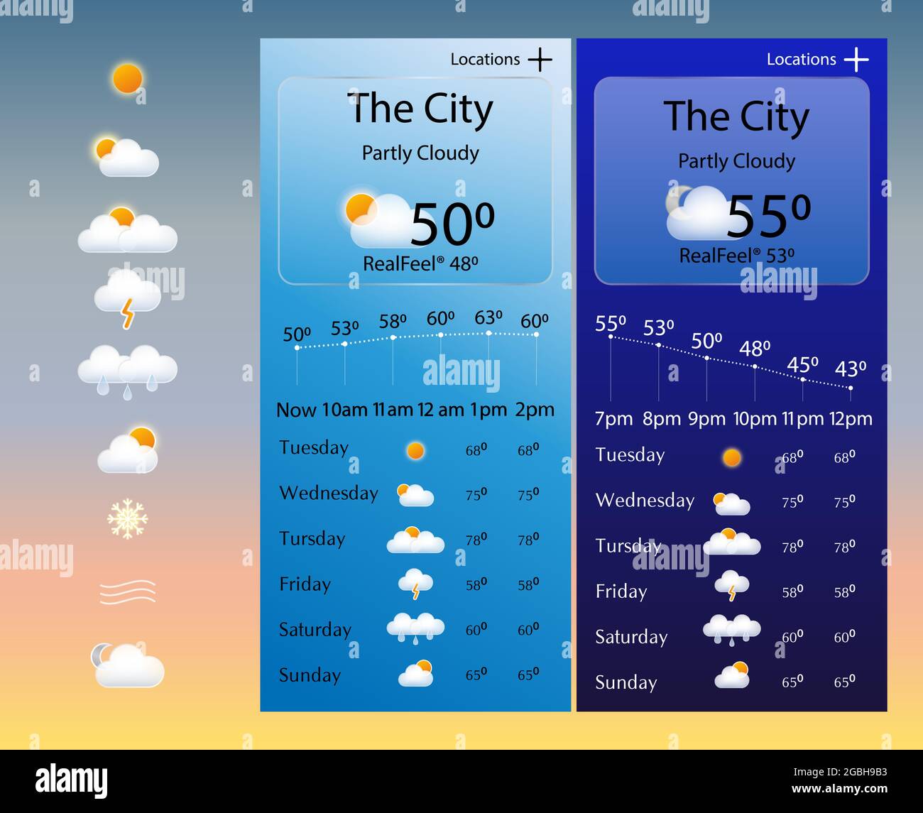 Illustrazione del paesaggio giorno e notte con sole, luna, stelle, nuvole. Design dell'interfaccia utente dell'app Weather Illustrazione Vettoriale