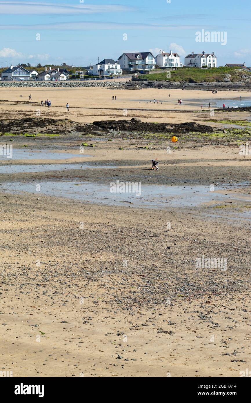 Treaddur Bay, Anglesey, Galles. Paesaggio marino con vista su appartamenti di sabbia a bassa marea. Bella vacanza mare. Scatto verticale con spazio per la copia. Foto Stock