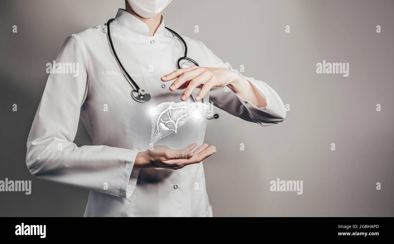 Medico femminile che tiene in mano il fegato virtuale. Organo umano Handrawn, spazio di copia sul lato destro, colore grigio hdr. Tecnologie sanitarie/scientifiche conc Foto Stock