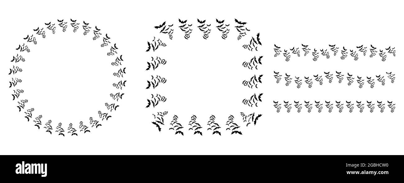 Set di bordi, cornici e divisori con silhouette a pipistrello. Semplice disegno vettoriale con simbolo di spooky. Modello di documento horror Holiday con spazio di copia. Illustrazione Vettoriale
